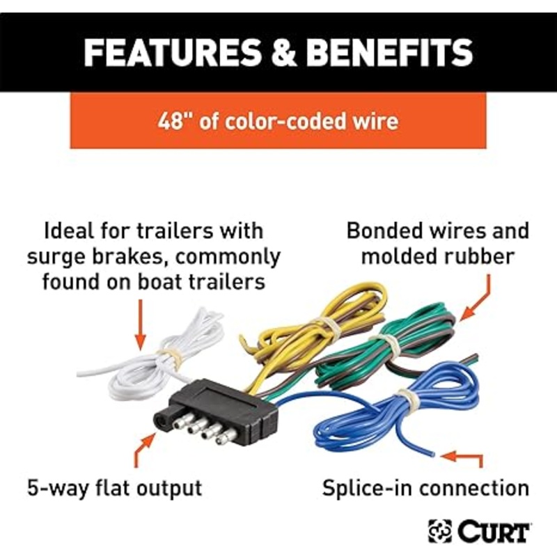 Curt 58541 Trailer-Side 5-Pin Flat Wiring Harness with 48-Inch Wires