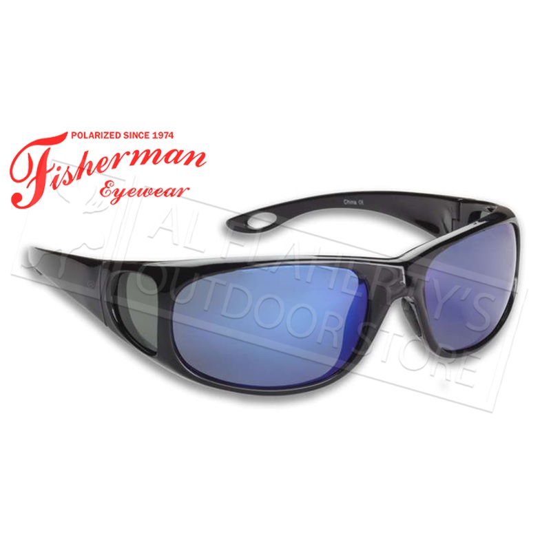 Fisherman Eyewear Grander Polarized Glasses for Fishing, Shiny Black with Blue Mirror Lens #90982