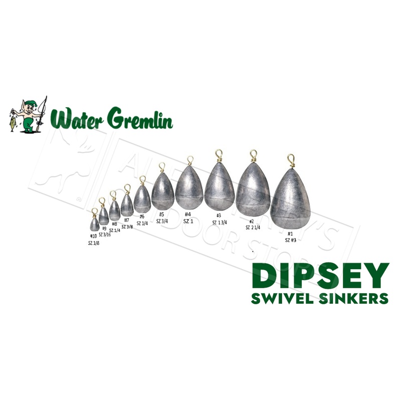 Water Gremlin Dipsey Swivel Sinkers, Zip Lip Packs, Sizes 10 to 1 #PDS