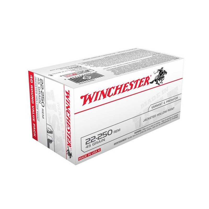 Winchester 22-250 Rem White Box, JHP 45 Grain Box of 40 #USA222502
