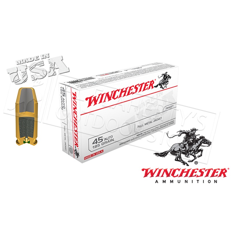 Winchester .45ACP White Box, FMJ 185 Grain Box of 50 #USA45A