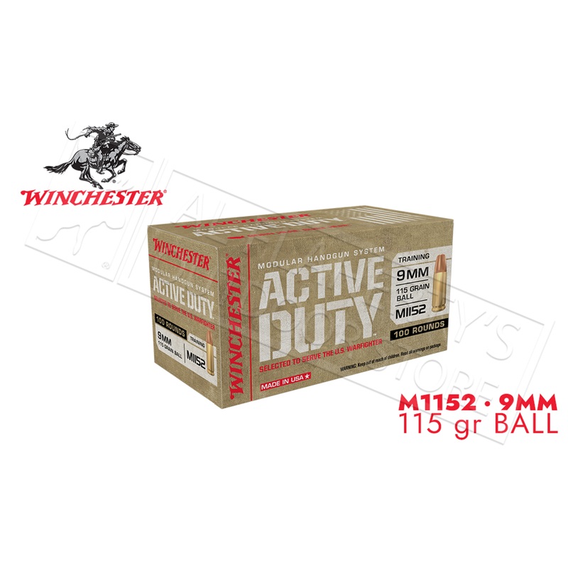 Winchester 9mm  Active Duty 115 Grain FMJ-F, M1152 Ball Box of 100 #WIN9MHSC