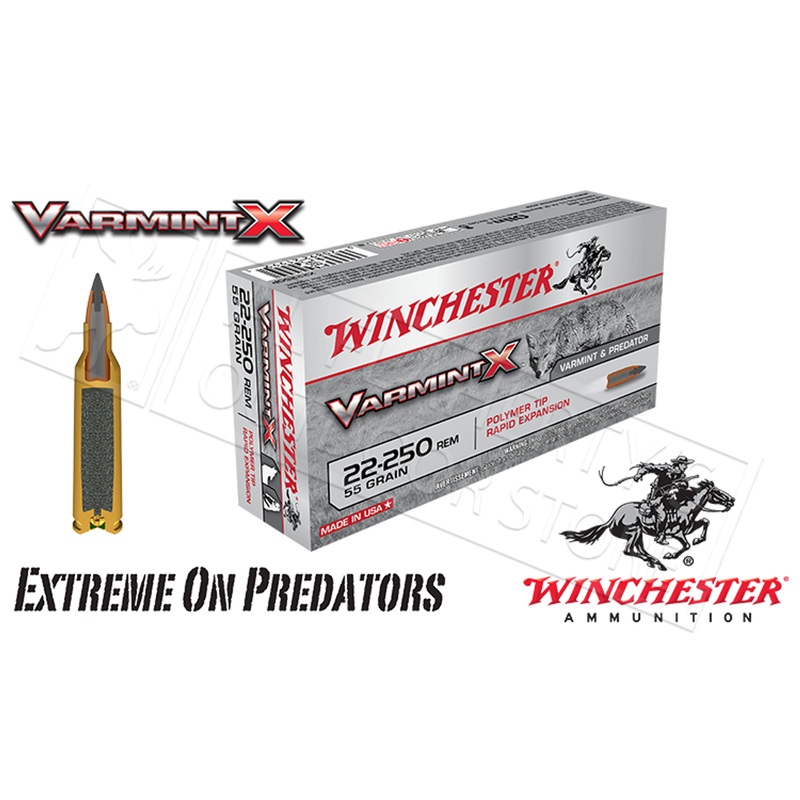 Winchester 22-250 Rem Varmint-X, Polymer Tipped Fragmenting 55 Grain Box of 20 #X22250P