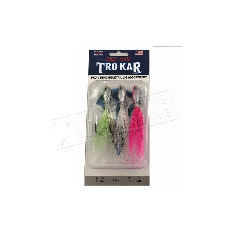 Eagle Claw TroKar Bucktail Jig Hook Assortment, Size 1 Pack of 3 Patterns #TKBJA